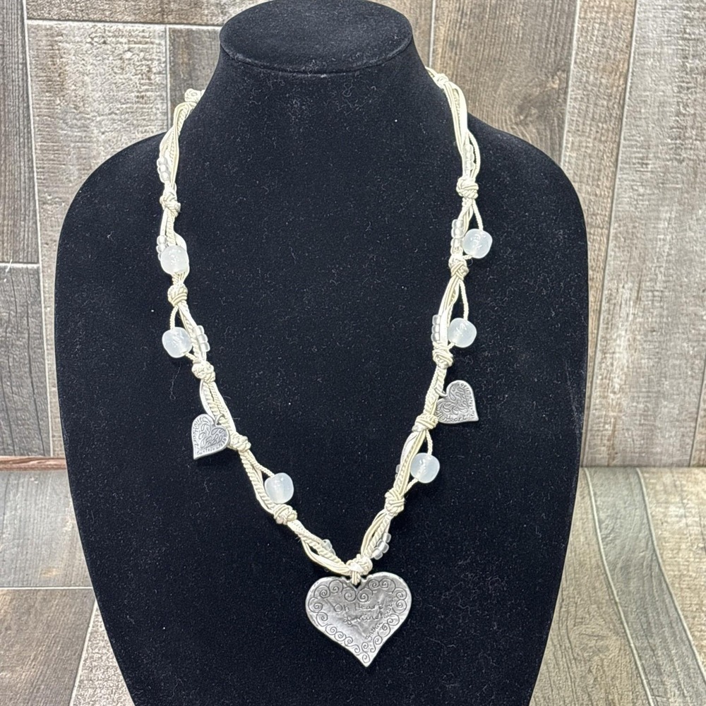 Cynthia Webb Coastal Boho Rope Necklace Heart Charm White Bead Statement